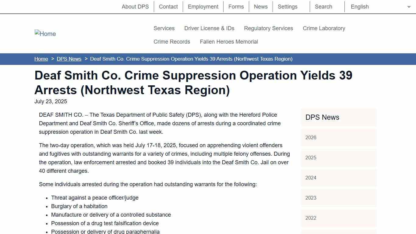 Deaf Smith Co. Crime Suppression Operation Yields 39 Arrests (Northwest Texas Region) Department of Public Safety